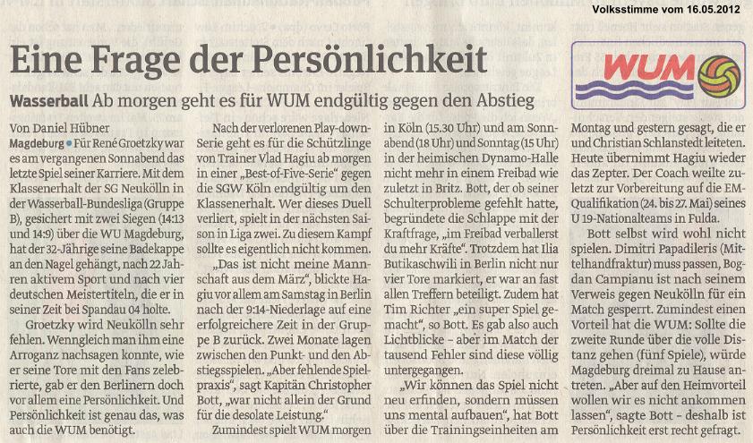 Ab morgen geht es f�r WUM endg�ltig gegen den Abstieg - Eine Frage der Pers�nlichkeit Volksstimme vom 16.05.2012