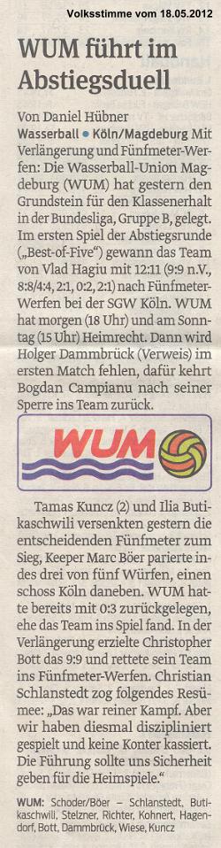 WUM f�hrt im Abstiegsduell Volksstimme vom 18.05.2012