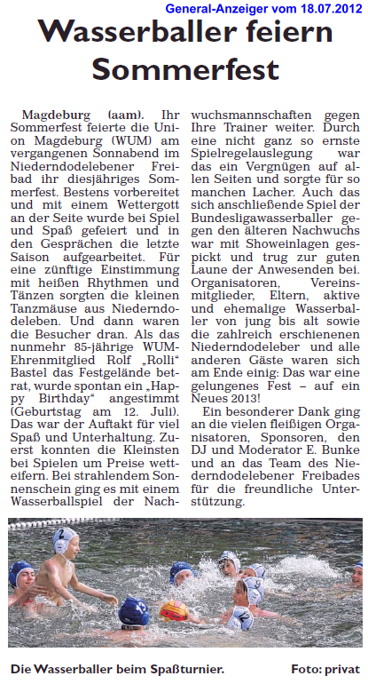 Wasserballer feiern Sommerfest General-Anzeiger vom 18.07.2012