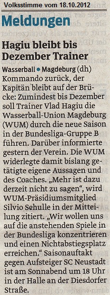 Hagiu bleibt bis Dezember Trainer Volksstimme vom 18.10.2012