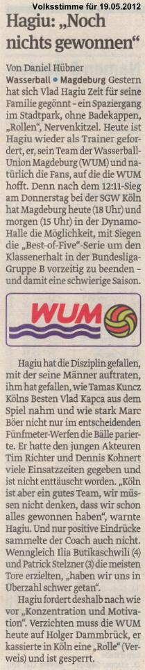 Hagiu: 'Noch nichts gewonnen' Volksstimme vom 19.05.2012