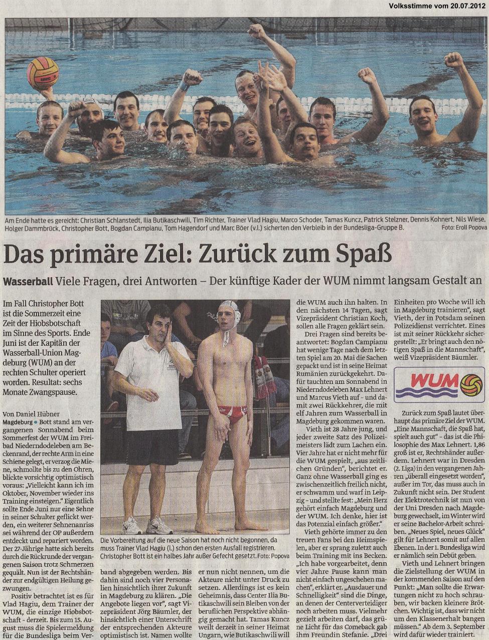 Das prim�re Ziel: Zur�ck zum Spa� Volksstimme vom 20.07.2012