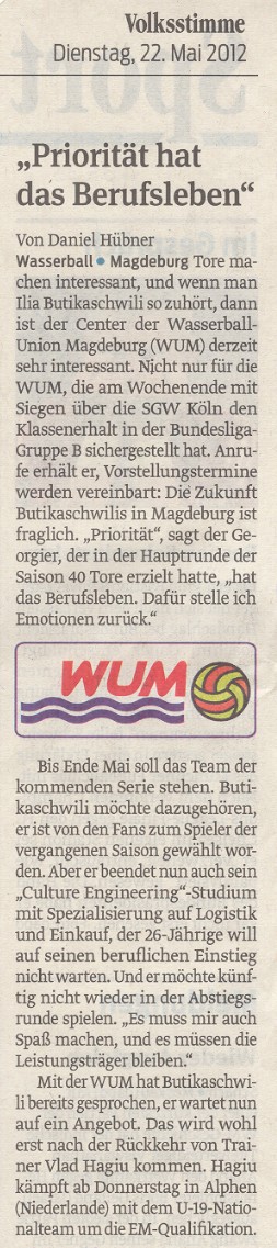 'Priorit�t hat das Berufsleben' Volksstimme vom 22.05.2012
