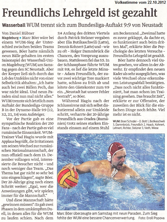 Wasserball WUM trennt sich zum Bundesliga-Auftakt 9:9 von Neustadt - Freundlichs Lehrgeld ist gezahlt Volksstimme vom 22.10.2012