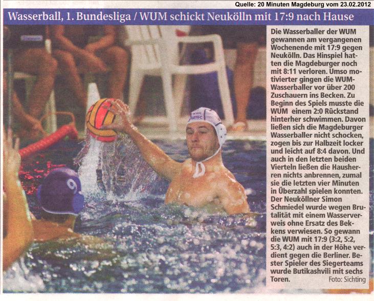 Wasserball, 1. Bundesliga WUM schickt Neuk�lln mit 17:9 nach Hause Quelle: 20 Minuten Magdeburg vom 23.02.2012