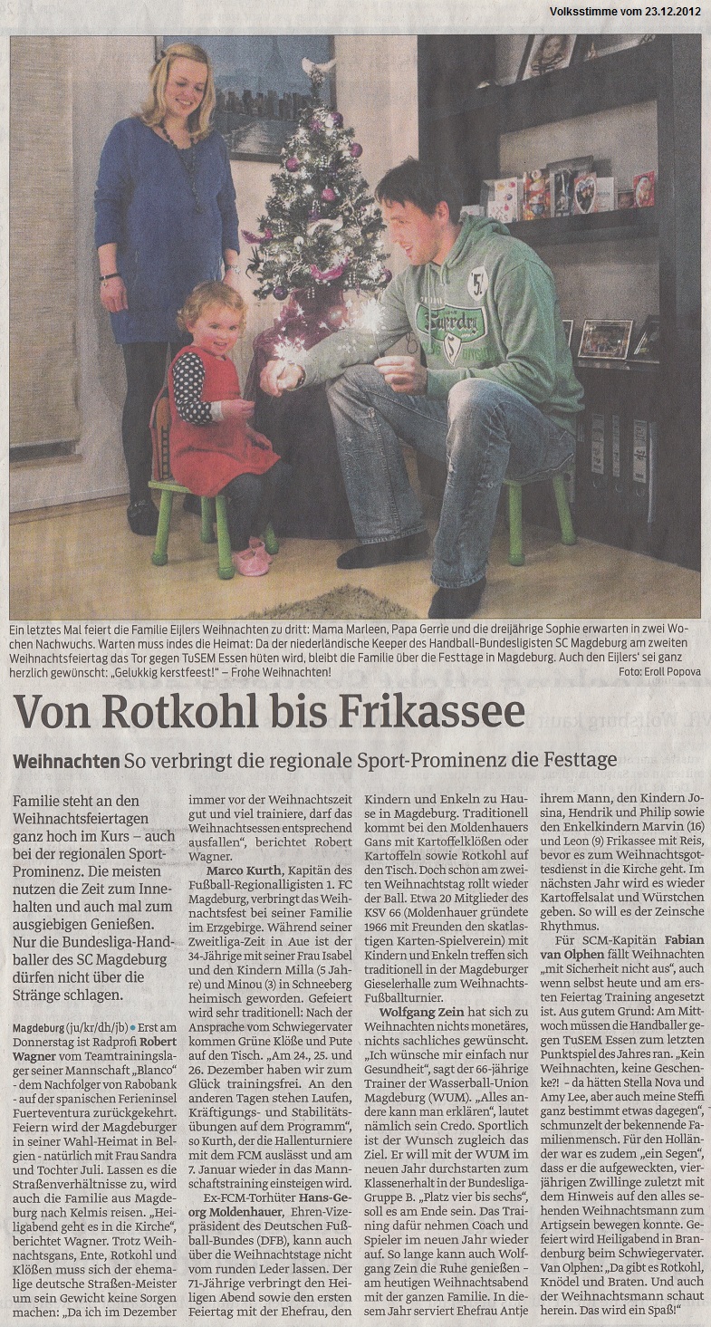Weihnachten So verbringt die regionale Sport-Prominenz die Festtage - Von Rotkohl bis Frikassee Volksstimme vom 23.12.2012