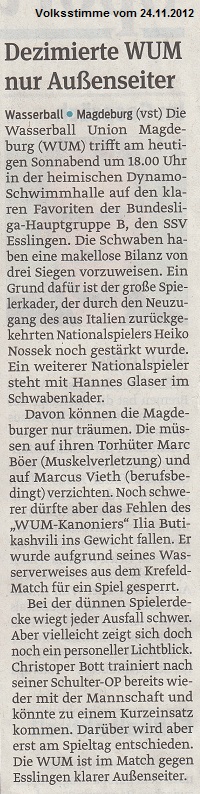 Dezimierte WUM nur Au�enseiter Volksstimme vom 24.11.2012