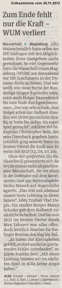 Zum Ende fehlt nur die Kraft - WUM verliert Volksstimme vom 26.11.2012
