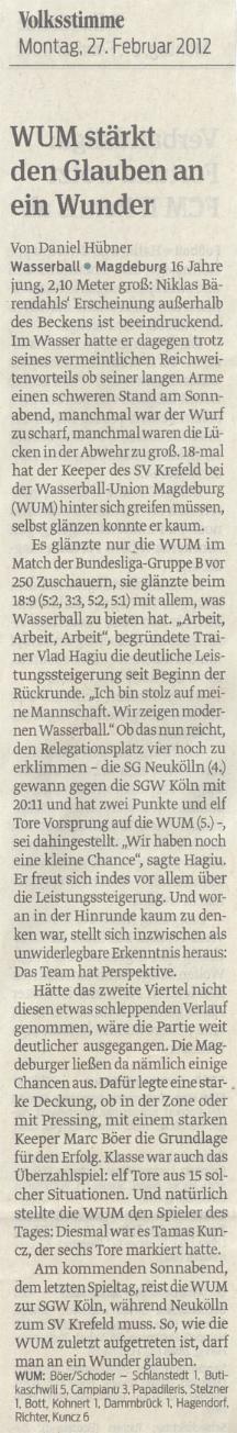 WUM st�rkt den Glauben an ein Wunder Volksstimme vom 27.02.2012