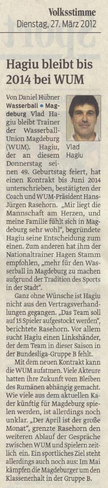 Hagiu bleibt bis 2014 bei WUM Volksstimme vom 27.03.2012