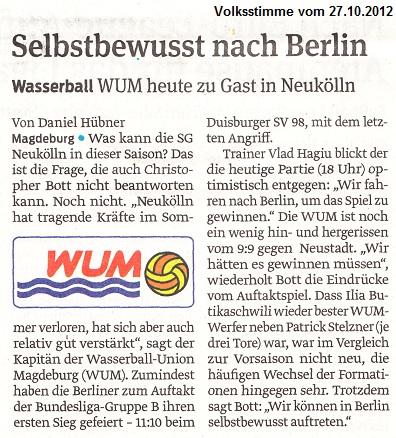 Wasserball WUM heute zu Gast in Neuk�lln - Selbstbewusst nach Berlin Volksstimme vom 27.10.2012