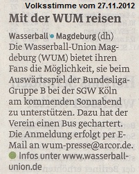 Mit der WUM reisen Volksstimme vom 27.11.2012