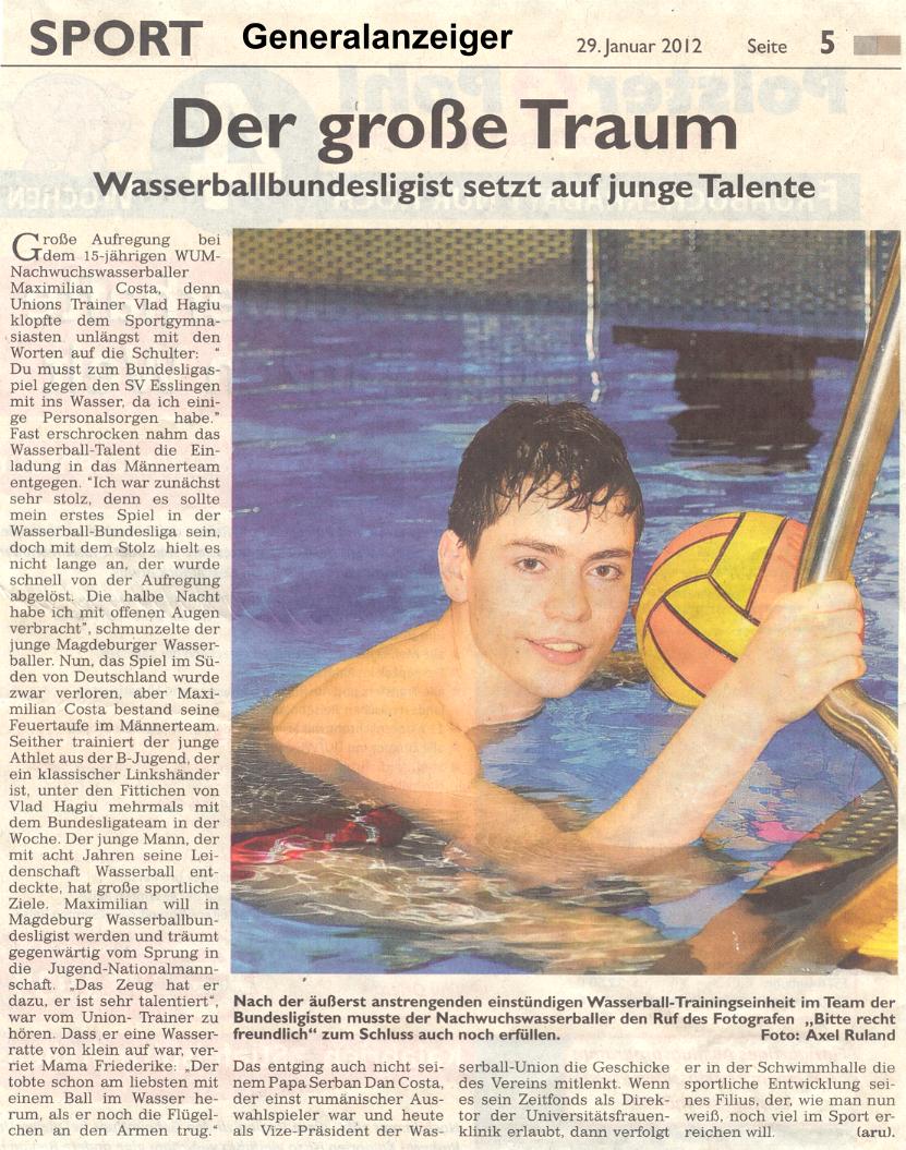 Der gro�e Traum , Wasserballbundeslegist setzt auf junge Talente Generalanzeiger vom 29.01.2012