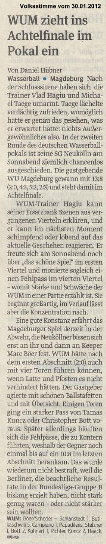 WUM zieht ins Achtelfinale im Pokal ein Volksstimme vom 30.01.2012
