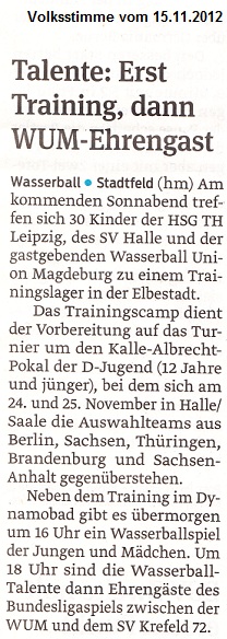 Talente: Erst Training, dann WUM-Ehrengast Volksstimme vom 15.11.2012