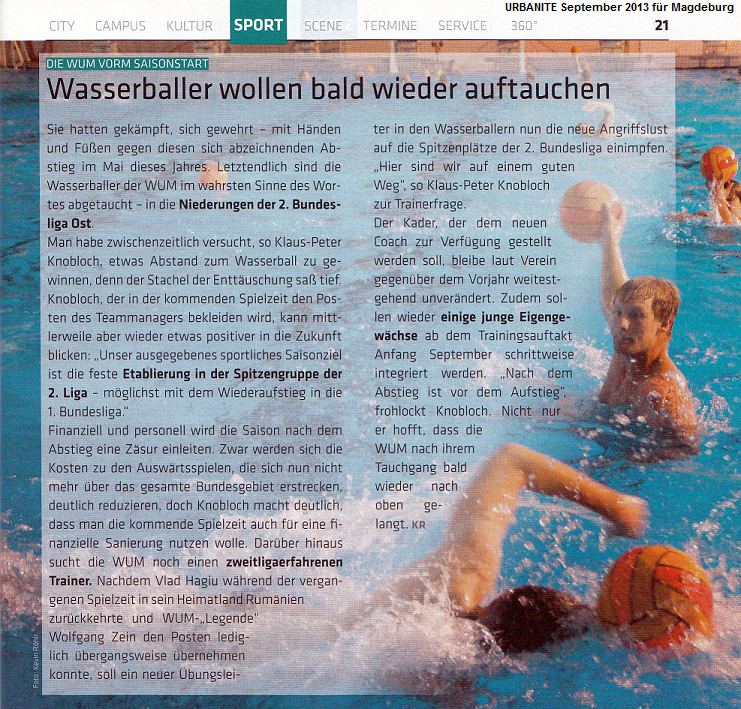 Wasserballer wollen bald wieder auftauchen URBANITE f�r Magdeburg September 2013