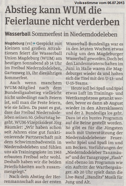 Abstieg kann WUM die Feierlaune nicht verderben Volksstimme vom 06.07.2013