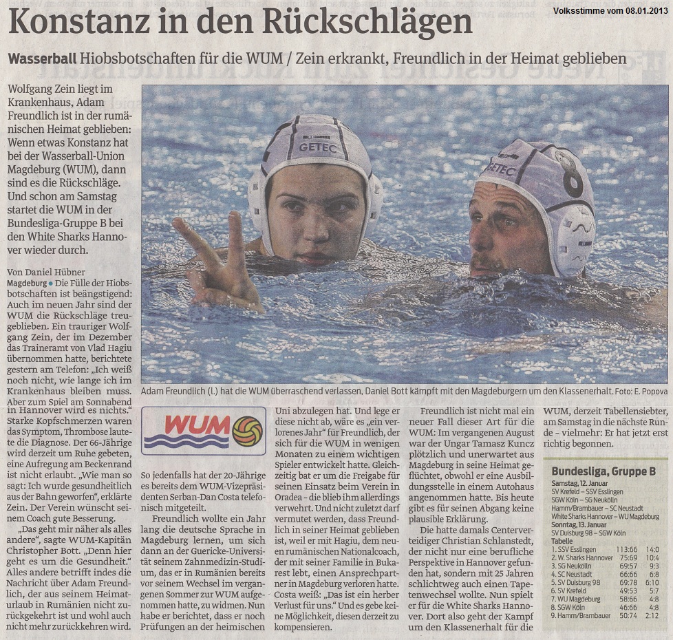 Wasserball Hiobsbotschaften f�r die WUM / Zein erkrankt, Freundlich in der Heimat geblieben - Konstanz in den R�ckschl�gen Volksstimme vom 08.01.2013