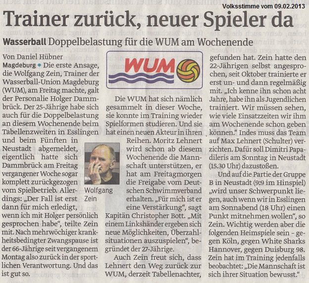 Doppelbelastung f�r die WUM am Wochenende - Trainer zur�ck, neuer Spieler da Wasserball Volksstimme vom 09.02.2013