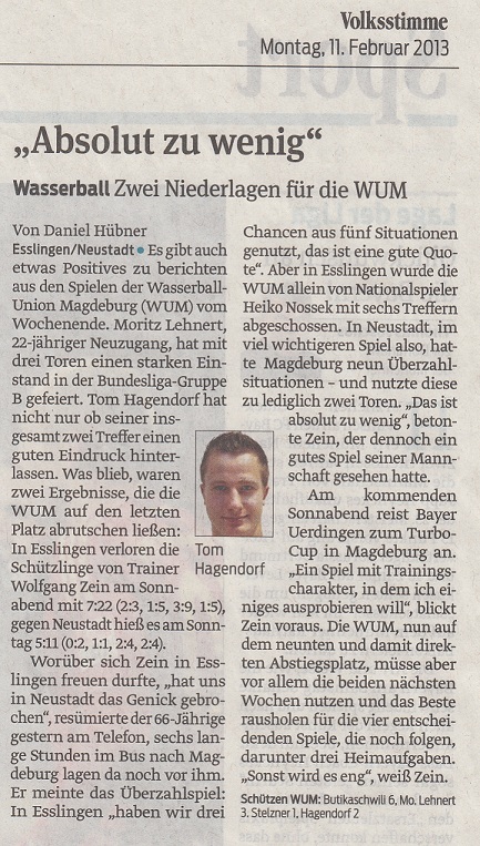 Wasserball Zwei Niederlagen f�r die WUM - ''Absolut zu wenig'' Volksstimme vom 11.02.2013