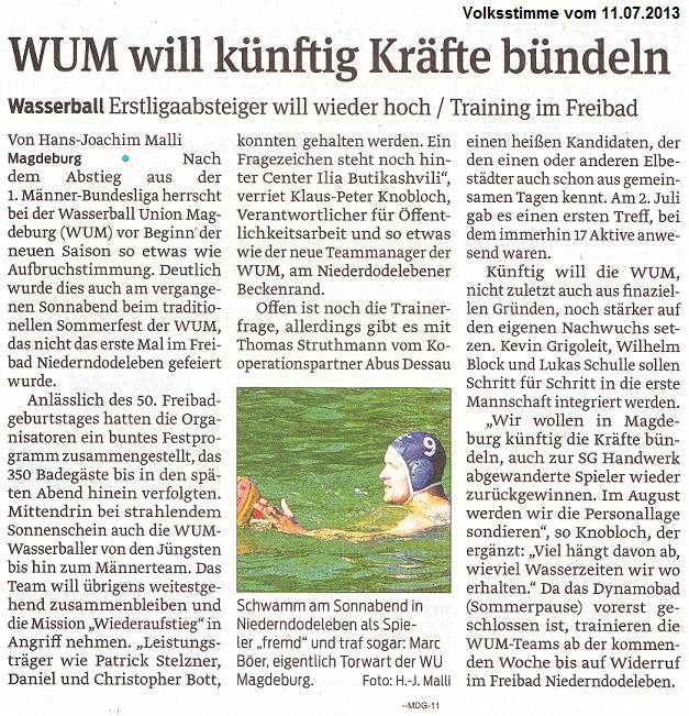 Wasserball: Erstligaabsteiger will wieder hoch / Training im Freibad - WUM will k�nftig Kr�fte b�ndeln Volksstimme vom 11.07.2013