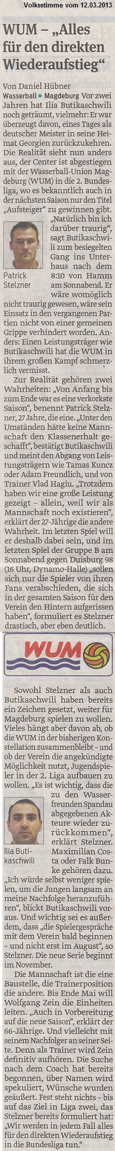 WUM - ''Alles f�r den direkten Wiederaufstieg'' Volksstimme vom 12.03.2013
