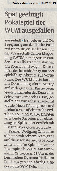 Sp�t geeinigt: Pokalspiel der WUM ausgefallen Volksstimme vom 18.02.2013