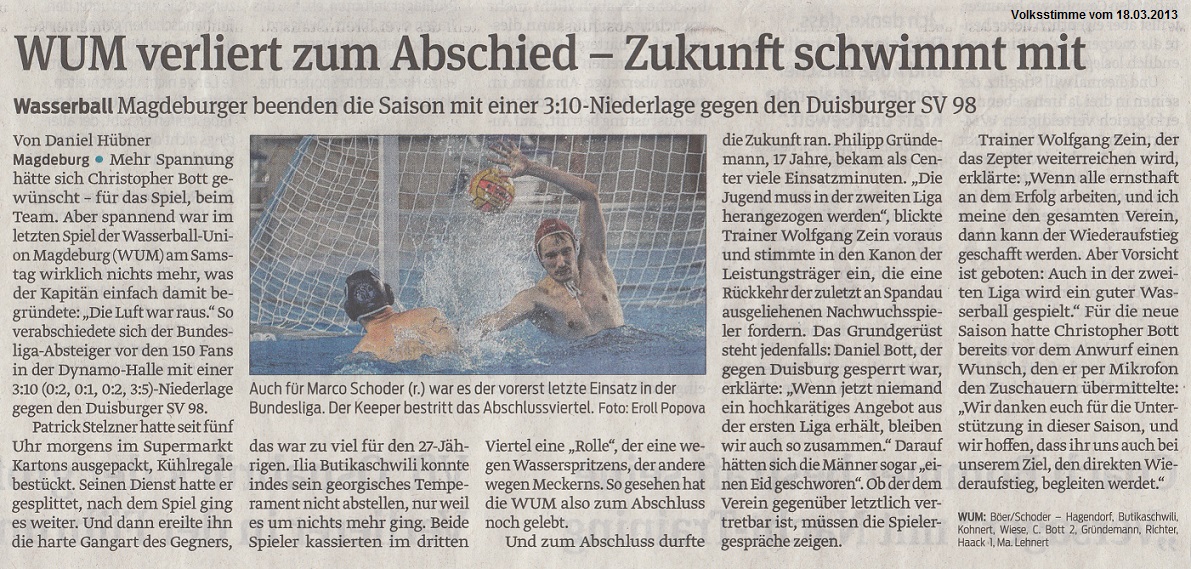 Wasserball Magdeburger beenden die Saison mit einer 3:10-Niederlage gegen den Duisburger SV 98 - WUM verliert zum Abschied - Zukunft schwimmt mit Volksstimme vom 18.03.2013