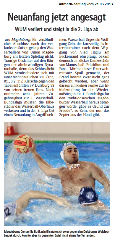 WUM verliert und steigt in die 2. Liga ab - Neuanfang jetzt angesagt Altmark-Zeitung vom 21.03.2013