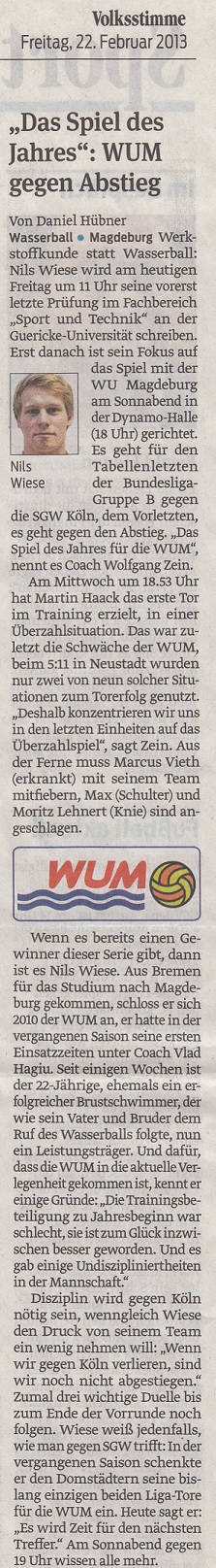 ''Das Spiel des Jahres'': WUM gegen Abstieg Volksstimme vom 22.02.2013