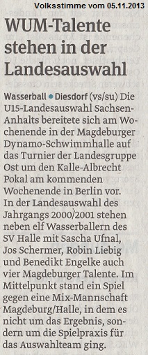 WUM-Talente stehen in der Landesauswahl Volksstimme vom 05.11.2013