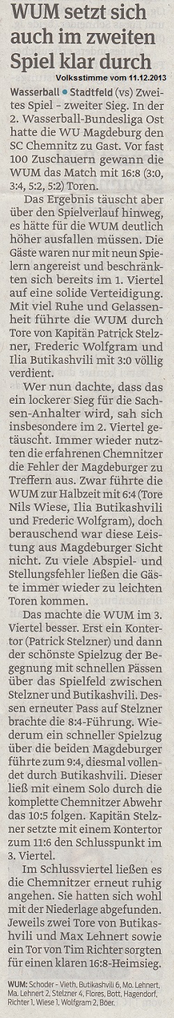 WUM setzt sich auch im zweiten Spiel klar durch Volksstimme vom 11.12.2013