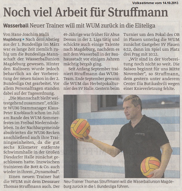 Wasserball - Neuer Trainer will mit WUM zur�ck in die Eliteliga - Noch viel Arbeit f�r Struffmann   Volksstimme vom 14.10.2013
