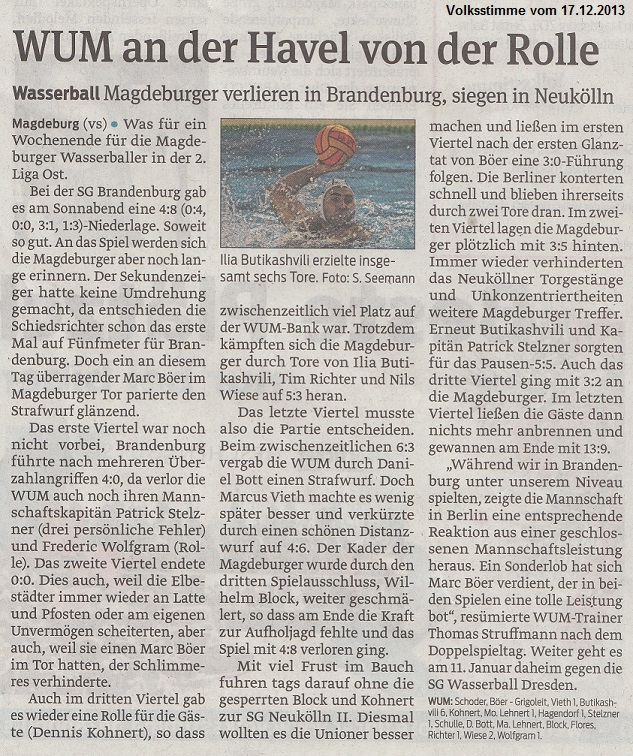 Wasserball Magdeburger verlieren in Brandenburg, siegen in Neuk�lln - WUM an der Havel von der Rolle Volksstimme vom 17.12.2013
