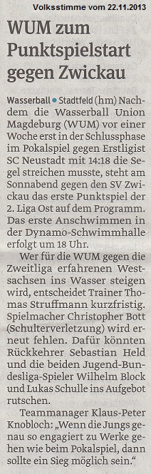 WUM zum Punktspielstart gegen Zwickau Volksstimme vom 22.11.2013