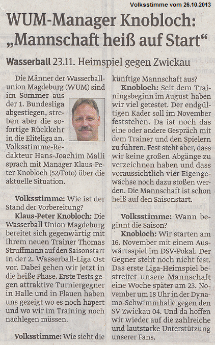 Wasserball 23.11. Heimspiel gegen Zwickau - WUM-Manager Knobloch: ''Mannschaft hei� auf Start''  Volksstimme vom 26.10.2013