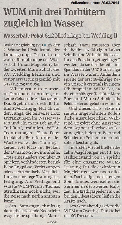 Wasserball-Pokal 6:12-Niederlage bei Wedding II - WUM mit drei Torh�tern zugleich im Wasser Volksstimme vom 20.03.2014
