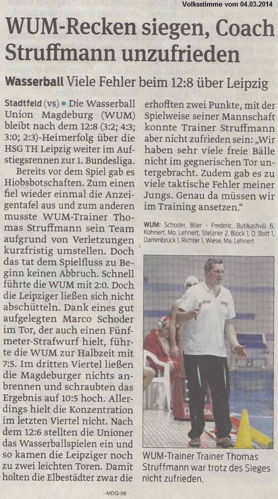 WUM-Recken siegen, Coach Struffmann unzufrieden Volksstimme vom 04.03.2014