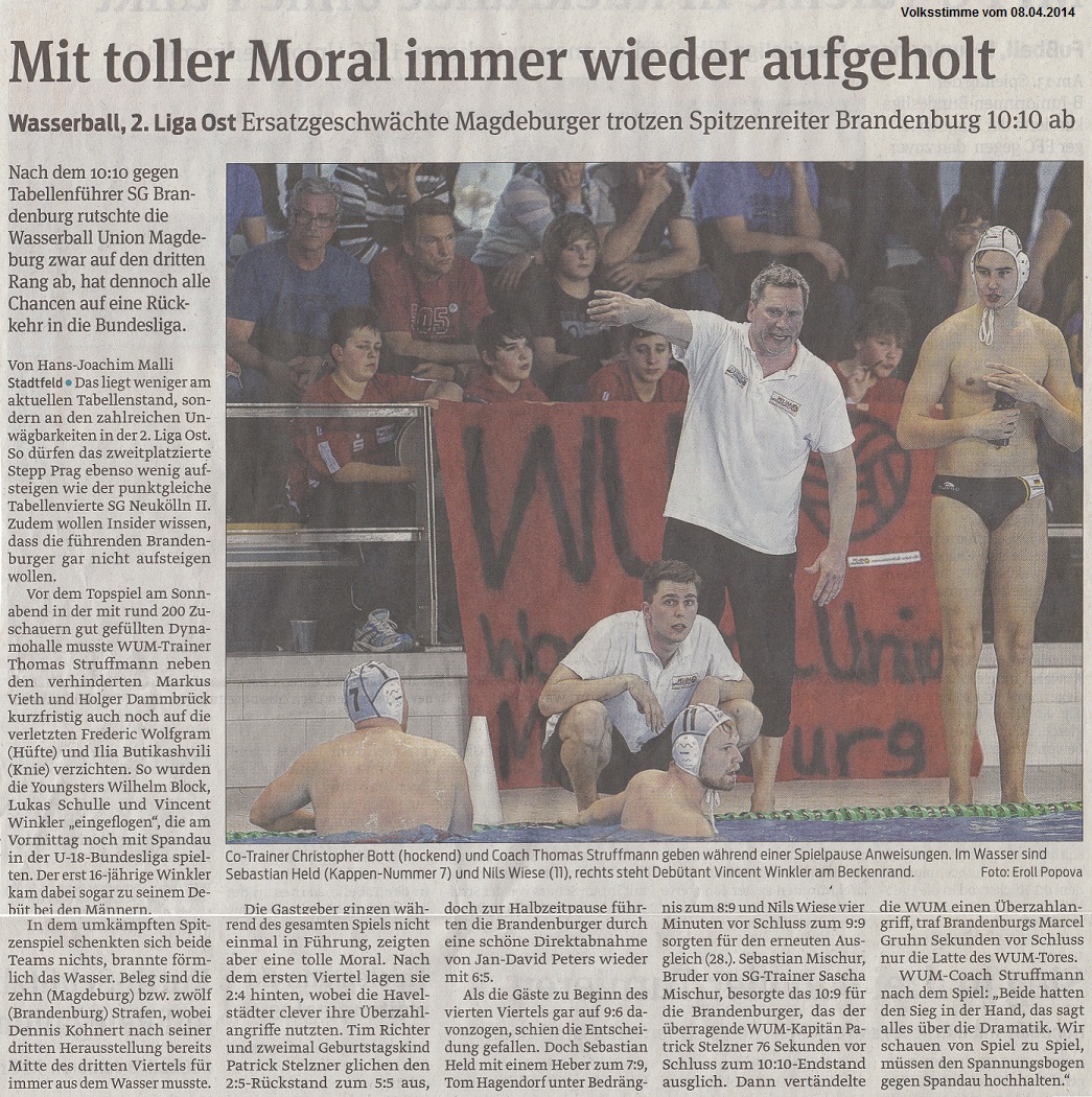 Wasserball, 2.Liga Ost Ersatzgeschw�chte Magdeburger trotzen Spitzenreiter Brandenburg 10:10 ab - Mit toller Moral immer wieder aufgeholt Volksstimme vom 08.04.2014