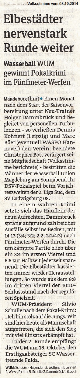 Wasserball WUM gewinnt Pokalkrimi im F�nfmeter-Werfen - Elbest�dter nervenstark Runde weiter Volksstimme vom 08.10.2014