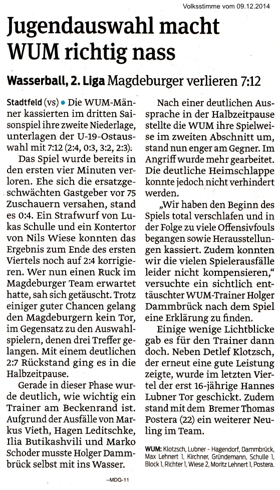 Wasserball, 2.Liga Magdeburger verlieren 7:12 - Jugendauswahl macht WUM richtig nass Volksstimme vom 09.12.2014