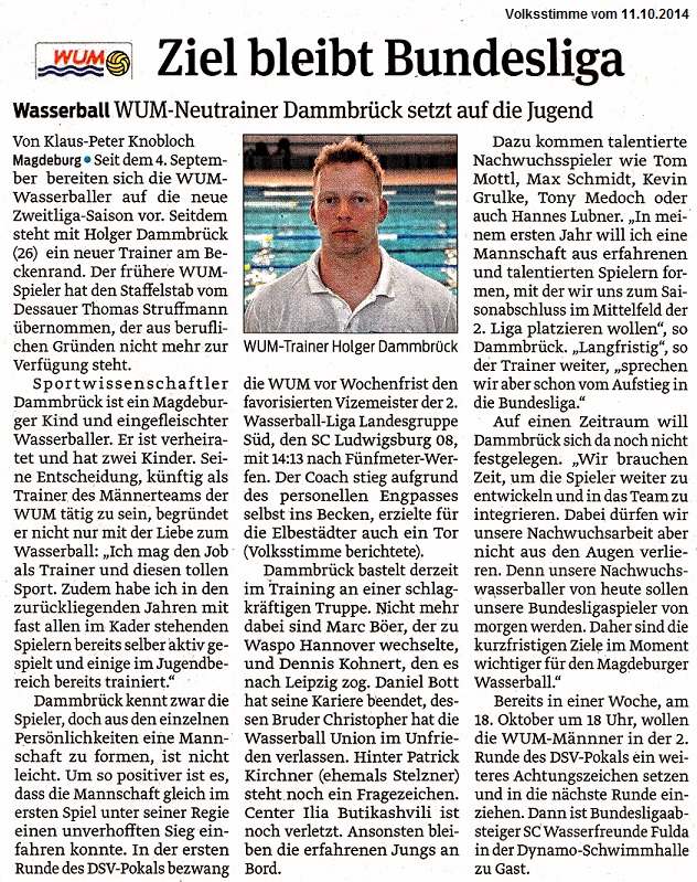 Wasserball WUM-Neutrainer Dammbr�ck setzt auf die JUgend - Ziel bleibt Bundesliga Volksstimme vom 11.10.2014