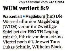 WUM verliert 8:9 Volksstimme vom 24.11.2014