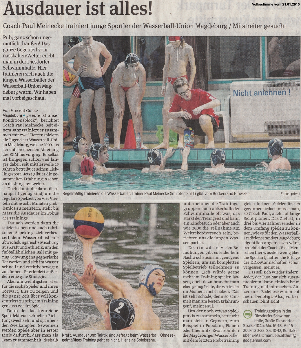 Coach Paul Meinicke trainiert junge Sportler der Wasserball-Union Magdeburg / Mitstreiter gesucht - Ausdauer ist alles! Volksstimme vom 21.01.2015