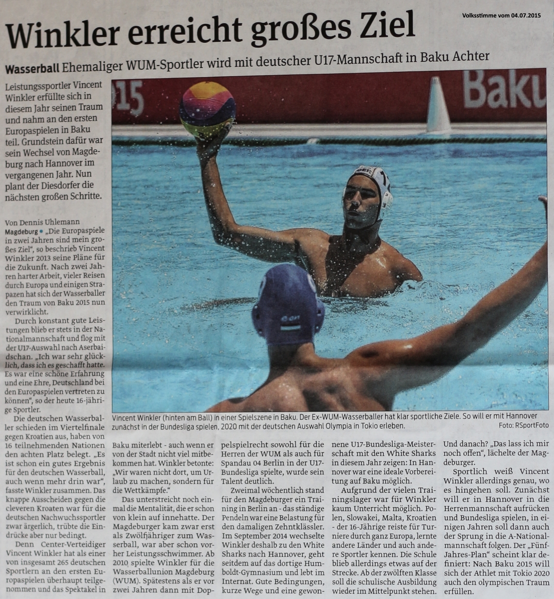 Wasserball Ehemaliger WUM-Spieler wird mit deutscher U17-Mannschaft in Baku Achter - Winkler erreicht gro�es Ziel Volksstimme vom 04.07.2015