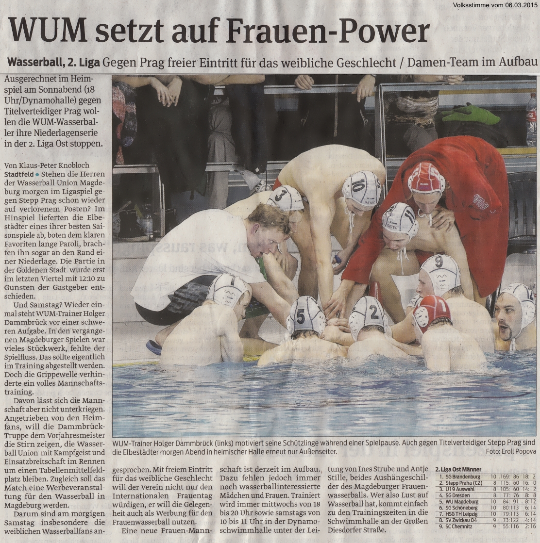 Wasserball, 2.Liga Gegen Prag freier Eintritt f�r das weibliche Geschlecht / Damen-Team im Aufbau - WUM setzt auf Frauen-Power Volksstimme vom 06.03.2015