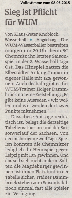 Sieg ist Pflicht f�r WUM Volksstimme vom 08.05.2015