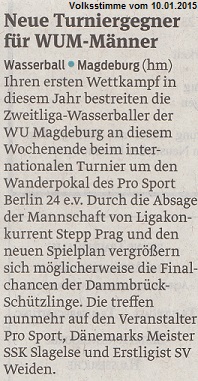 Neue Turniergegner f�r WUM-M�nner Volksstimme vom 10.01.2015