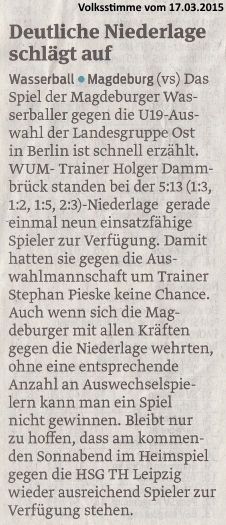 Deutliche Niederlage schl�gt auf Volksstimme vom 17.03.2015